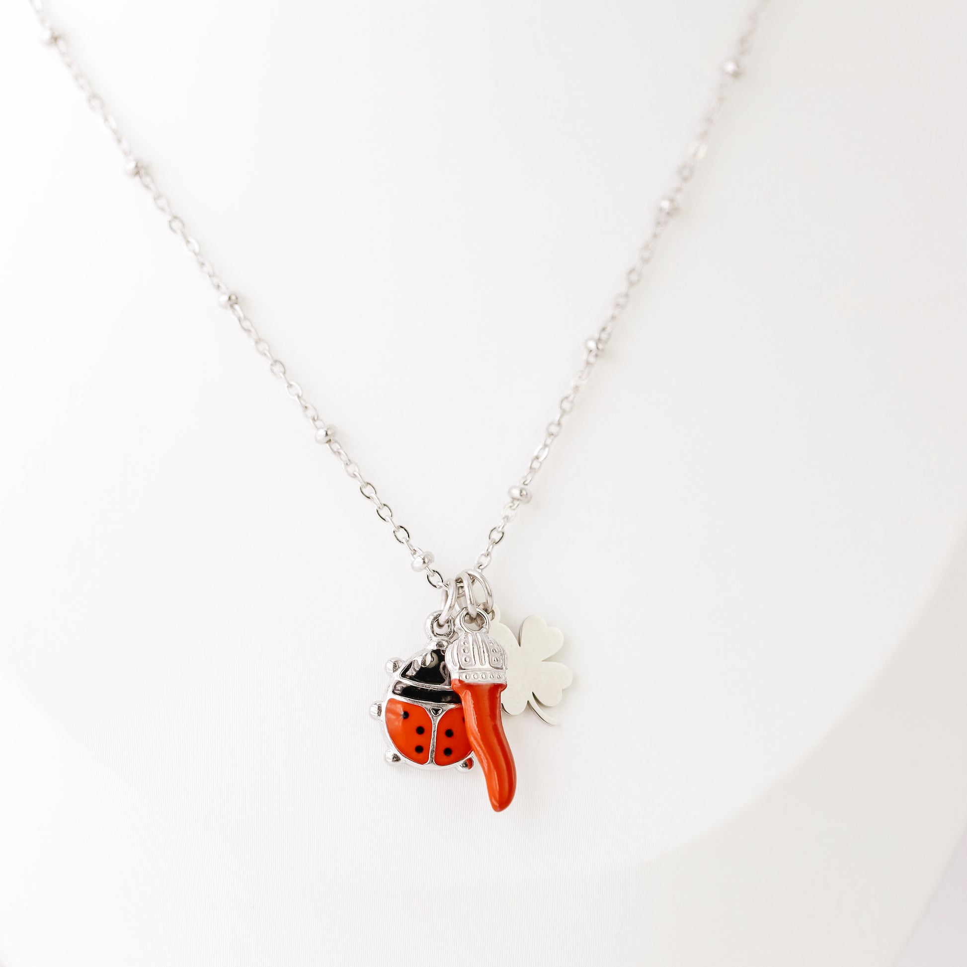 Italian Horn Necklace: Good Luck Clover, Ladybug, Cornicello Amulet