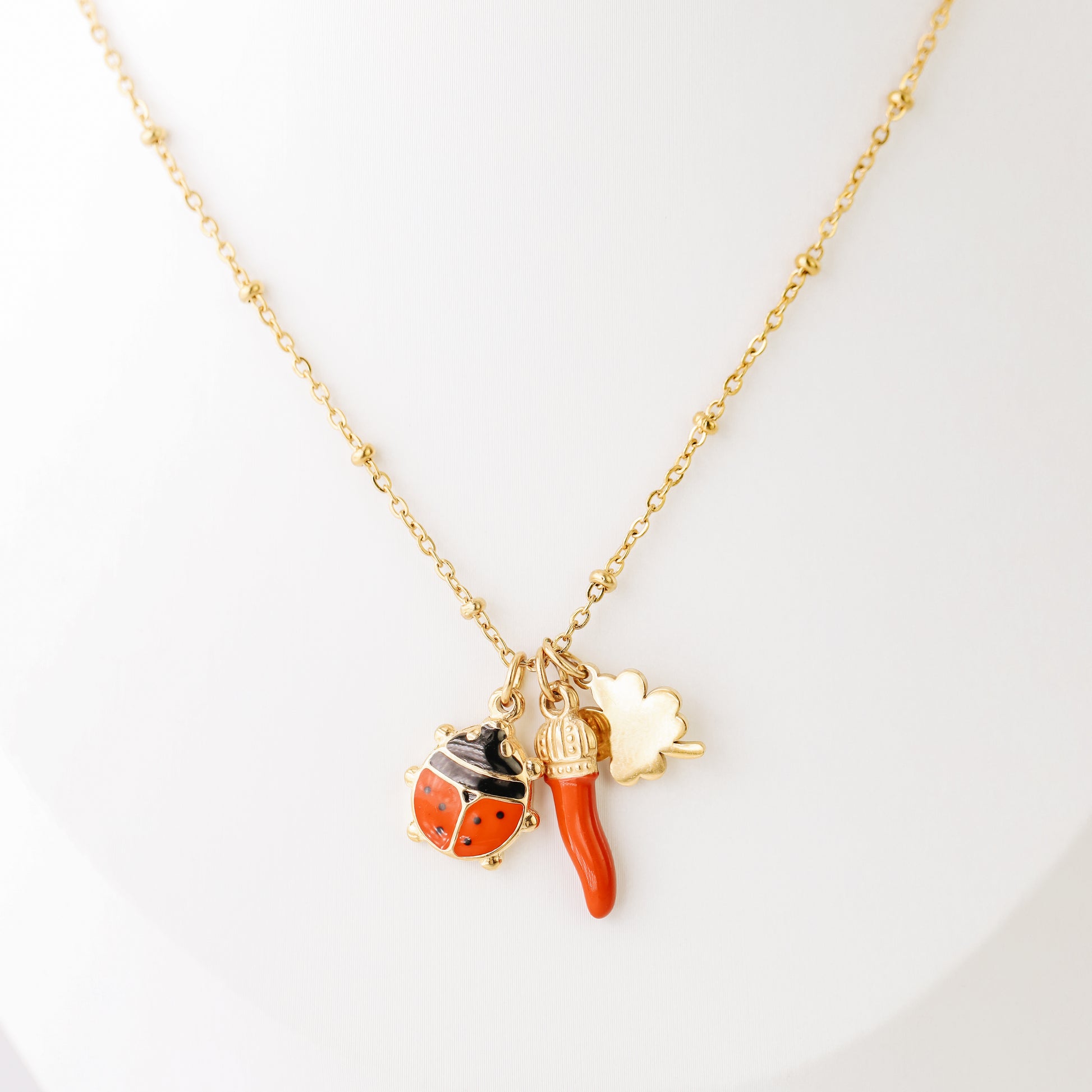 Italian Horn Necklace: Good Luck Clover, Ladybug, Cornicello Amulet