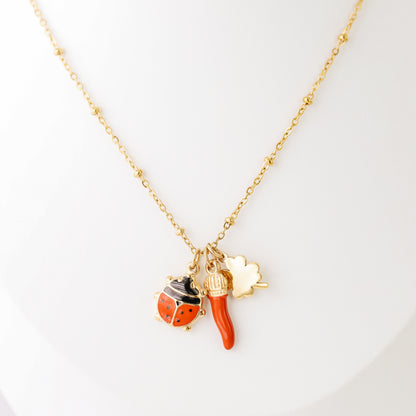 Italian Horn Necklace: Good Luck Clover, Ladybug, Cornicello Amulet