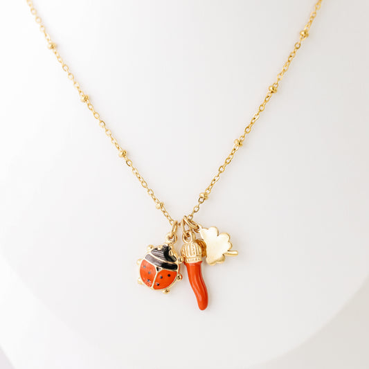 Italian Horn Necklace: Good Luck Clover, Ladybug, Cornicello Amulet