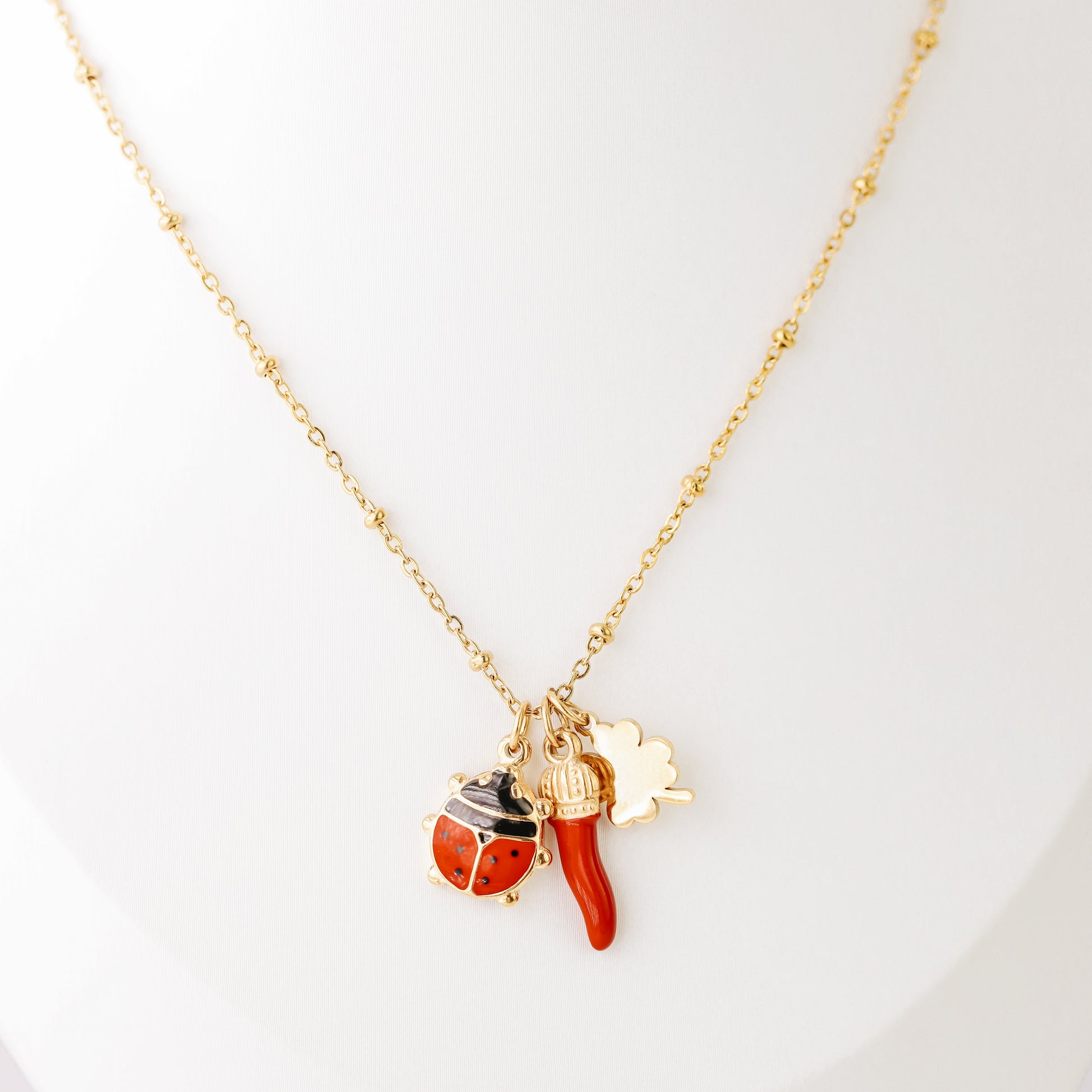 Italian Horn Necklace: Good Luck Clover, Ladybug, Cornicello Amulet