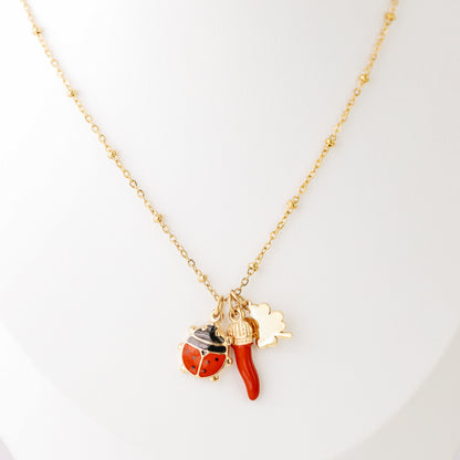 Italian Horn Necklace: Good Luck Clover, Ladybug, Cornicello Amulet