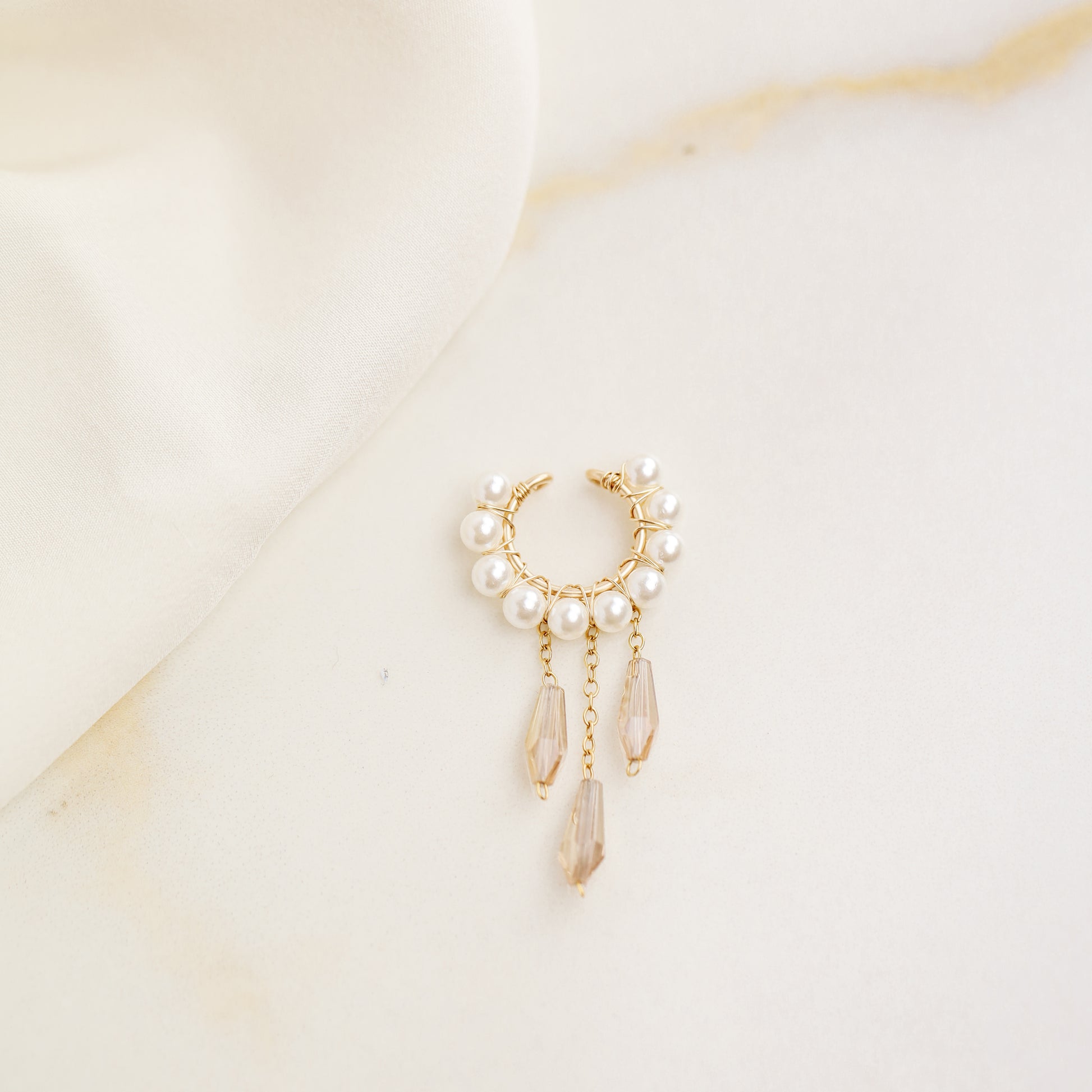 Dainty Pearl Ear Cuffs, Gold Filled Ear Climbers, Crystals and Pearls Tassel Ear Cuff, No Piercing Ear Wrap, Pearl Dangle Ear Cuffs