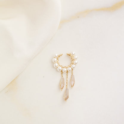 Dainty Pearl Ear Cuffs, Gold Filled Ear Climbers, Crystals and Pearls Tassel Ear Cuff, No Piercing Ear Wrap, Pearl Dangle Ear Cuffs