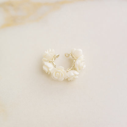White Resin Rose Flower Ear Cuff in Sterling Silver, Gold or Rose Gold Filled, Simple Piercing Free Earrings, Turquoise Cuff, Pink Ear Cuff