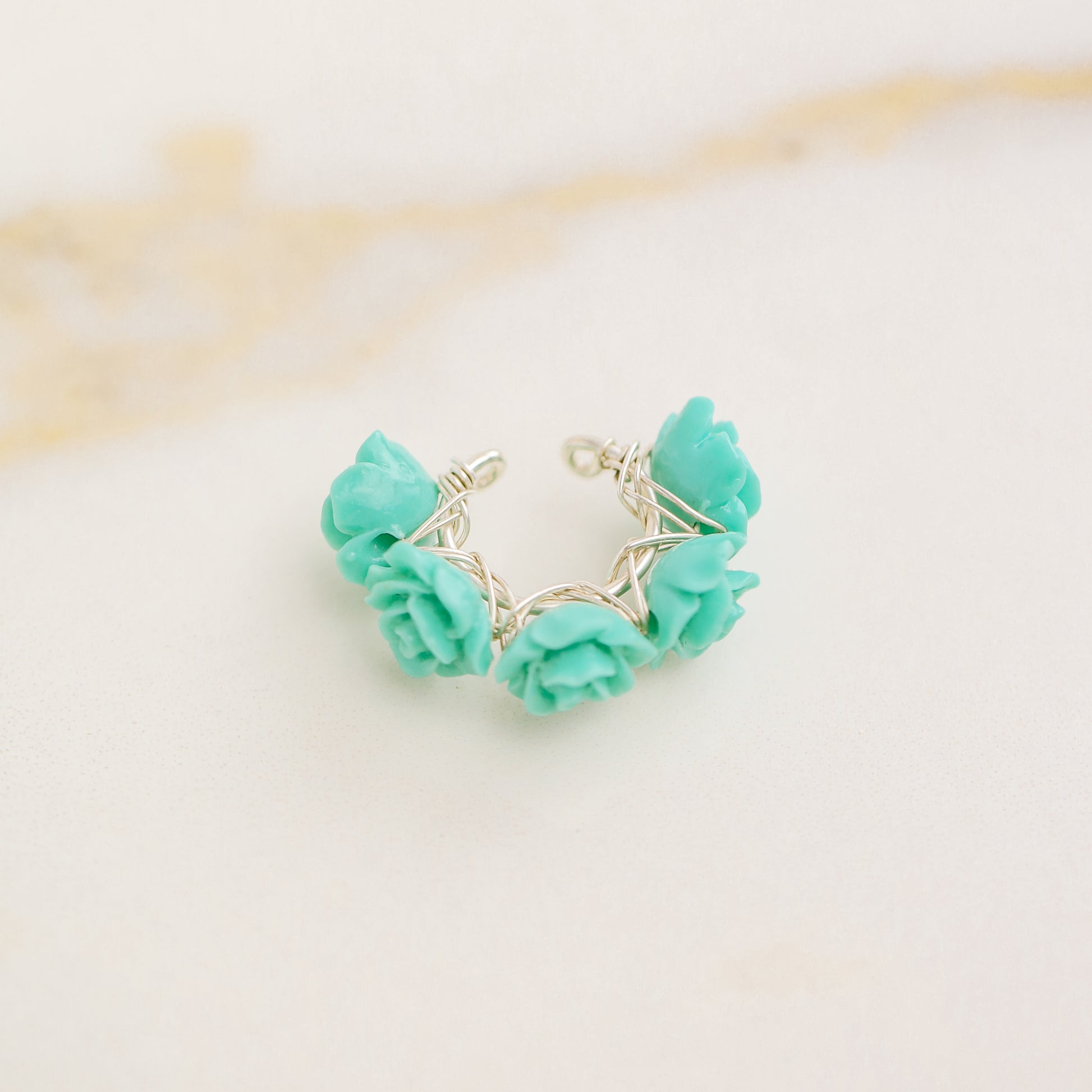 White Resin Rose Flower Ear Cuff in Sterling Silver, Gold or Rose Gold Filled, Simple Piercing Free Earrings, Turquoise Cuff, Pink Ear Cuff