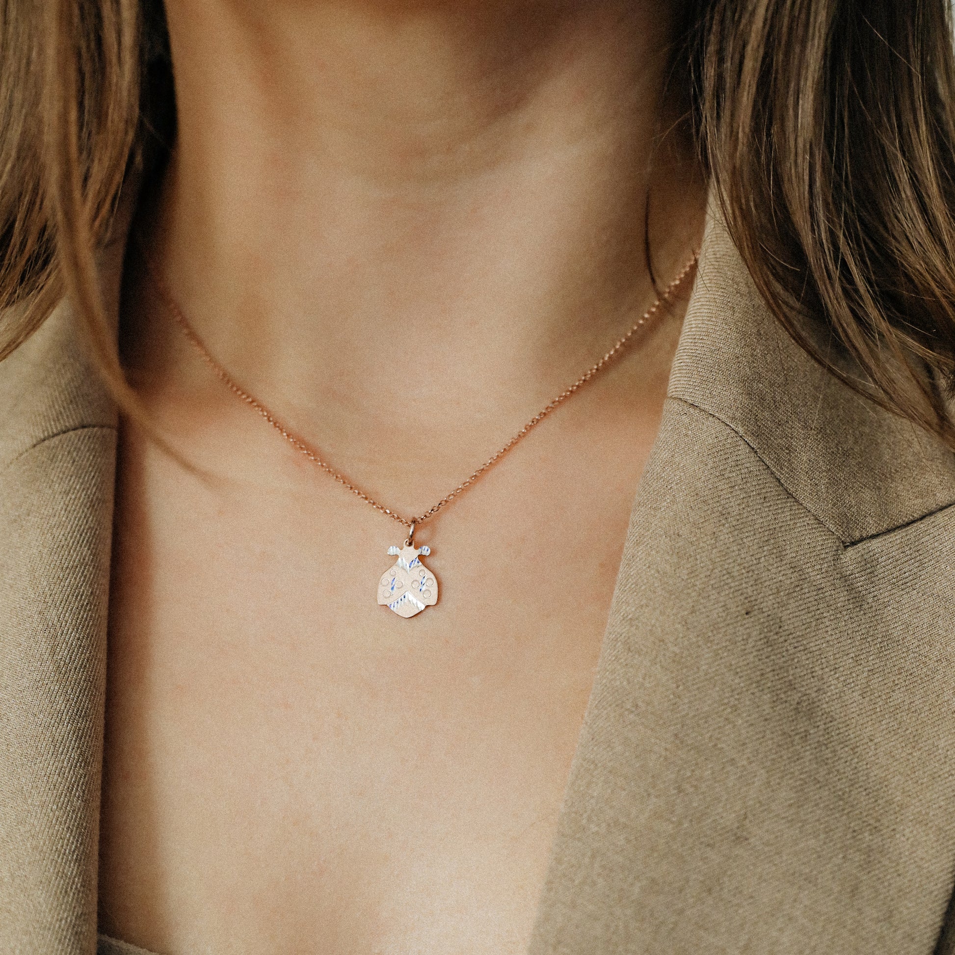 Dainty Ladybug Necklace: Diamond Cut Charm, Sterling Silver, Gold/Rose Gold