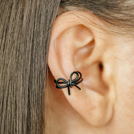 Dainty Bow Ear Cuff Earring, No Piercing Required, Black Bow Knot Ear Cuff