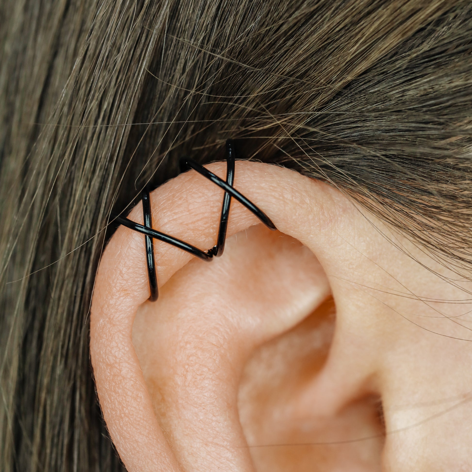 Black Set of 2 Ear Cuffs or Single On for Upper Ear, No Piercing Needed, Fake Cartilage Earring