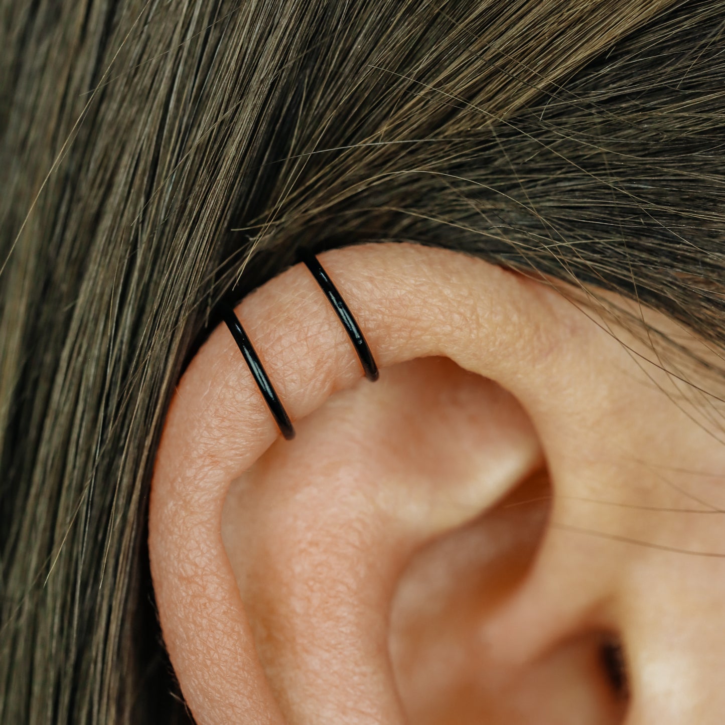 Black Set of 2 Ear Cuffs or Single On for Upper Ear, No Piercing Needed, Fake Cartilage Earring