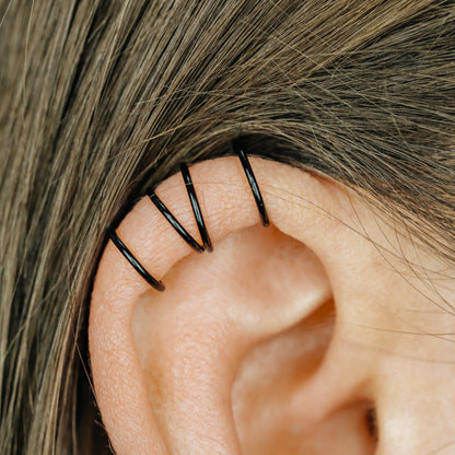 Black Set of 2 Ear Cuffs or Single On for Upper Ear, No Piercing Needed, Fake Cartilage Earring