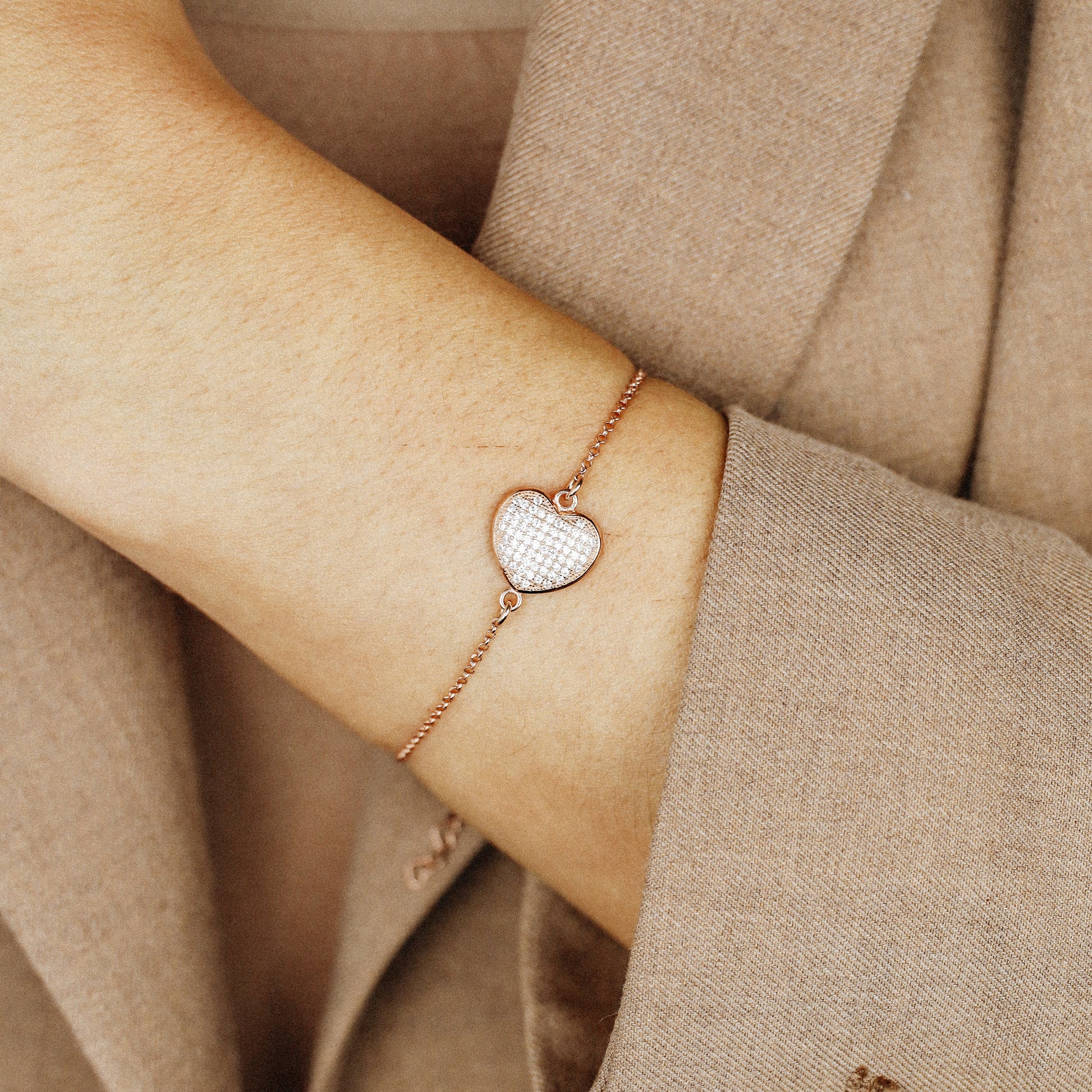 Diamond Pavé Heart Bracelet, Rose Gold Sterling Silver, BYSDMJEWELS