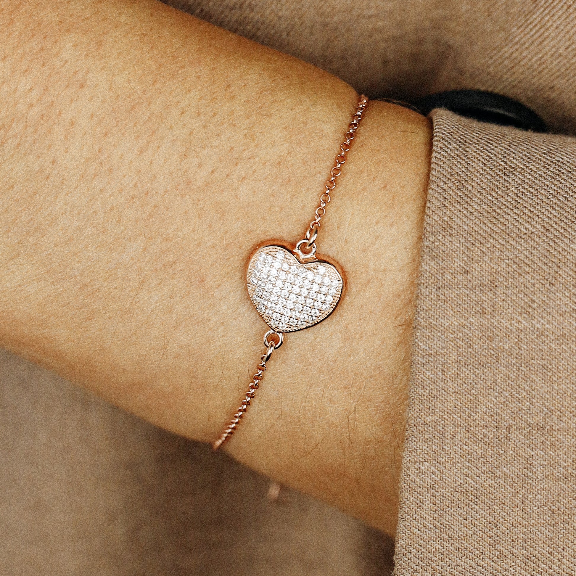 Diamond Pavé Heart Bracelet, Rose Gold Sterling Silver, BYSDMJEWELS