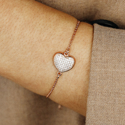 Diamond Pavé Heart Bracelet, Rose Gold Sterling Silver, BYSDMJEWELS