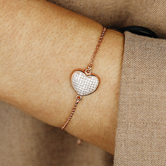 Diamond Pavé Heart Bracelet, Rose Gold Sterling Silver, BYSDMJEWELS