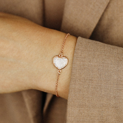 Diamond Pavé Heart Bracelet, Rose Gold Sterling Silver, BYSDMJEWELS