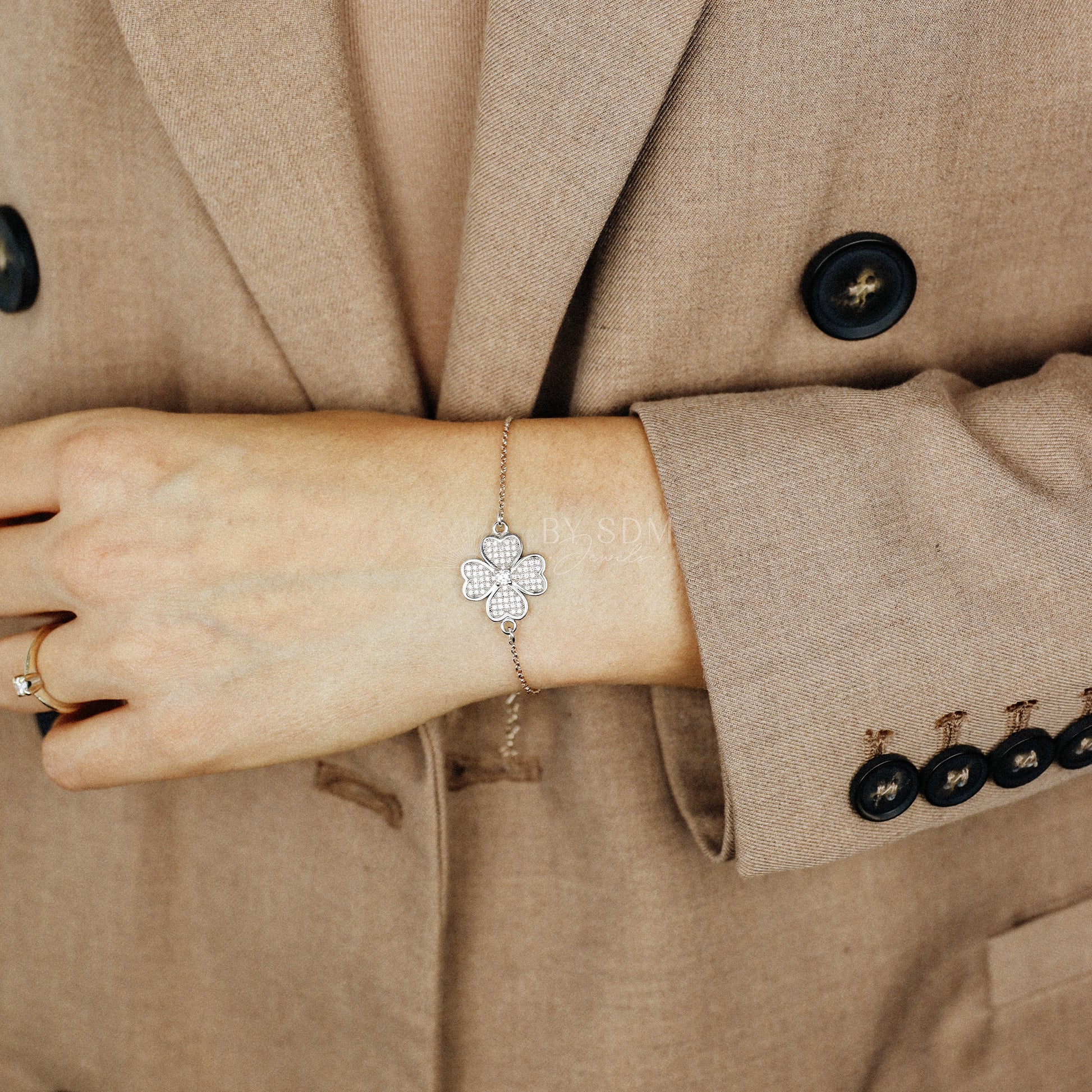 Four Leaf Clover Charm Bracelet • Dainty Zircon Handmade Bracelet for Women • available in Rose Gold and Sterling Silver • BYSDMJEWELS