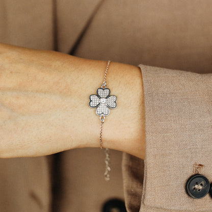 Rose Gold Diamond Pavé Clover Bracelet, Sterling Silver Flower Jewelry, BYSDMJEWELS