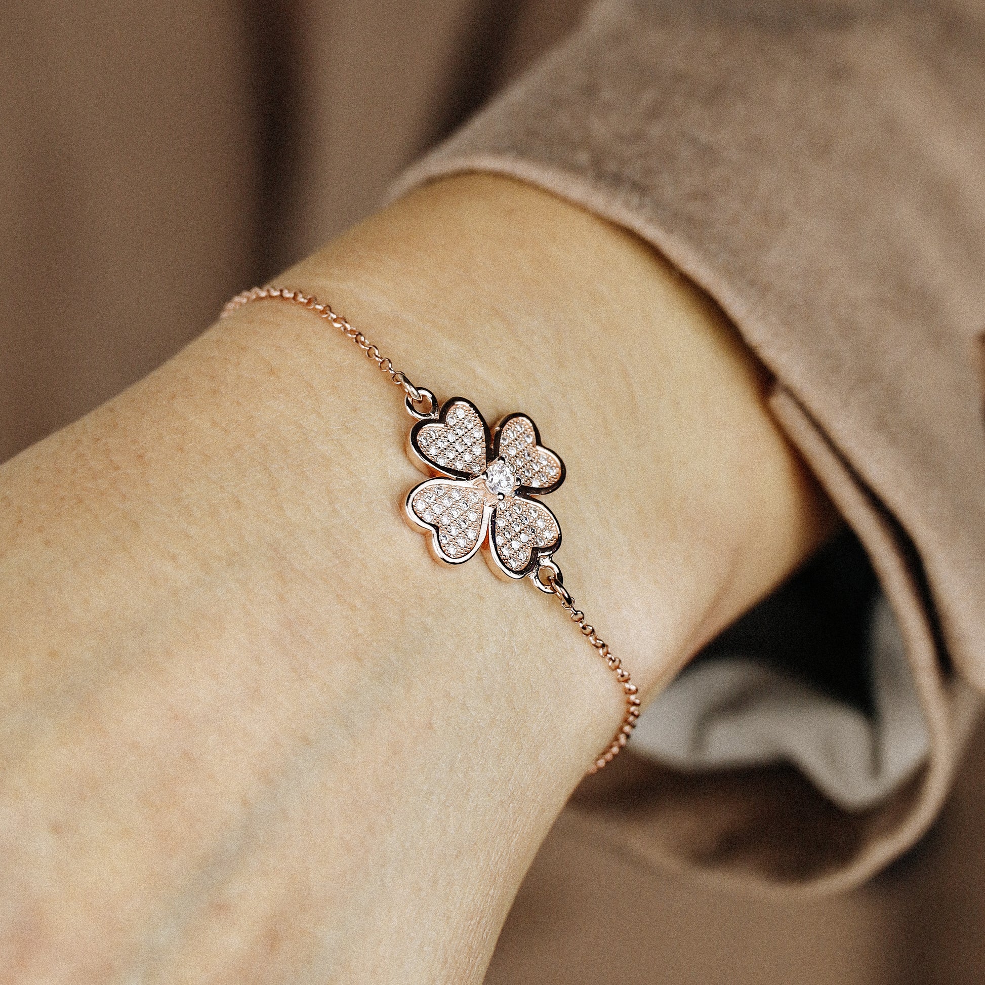 Rose Gold Diamond Pavé Clover Bracelet, Sterling Silver Flower Jewelry, BYSDMJEWELS