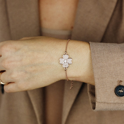 Four Leaf Clover Charm Bracelet • Dainty Zircon Handmade Bracelet for Women • available in Rose Gold and Sterling Silver • BYSDMJEWELS