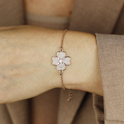Rose Gold Diamond Pavé Clover Bracelet, Sterling Silver Flower Jewelry, BYSDMJEWELS