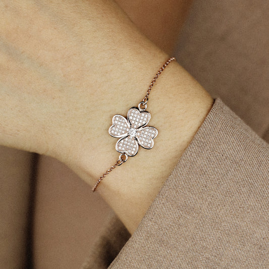 Rose Gold Diamond Pavé Clover Bracelet, Sterling Silver Flower Jewelry, BYSDMJEWELS