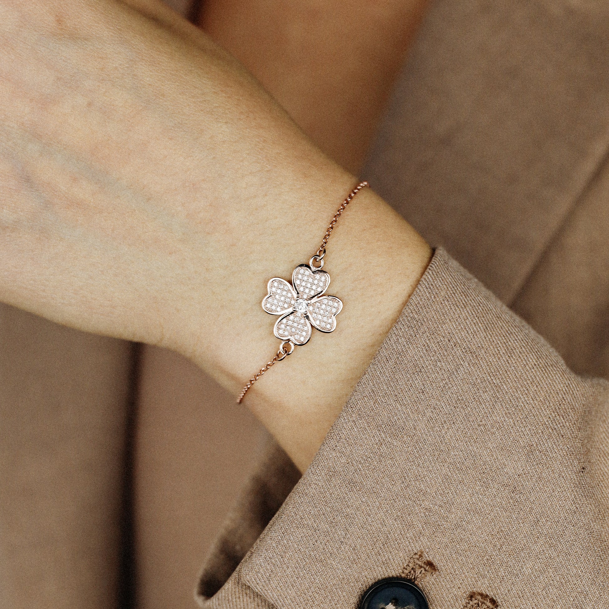 Rose Gold Diamond Pavé Clover Bracelet, Sterling Silver Flower Jewelry, BYSDMJEWELS