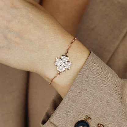 Rose Gold Diamond Pavé Clover Bracelet, Sterling Silver Flower Jewelry, BYSDMJEWELS