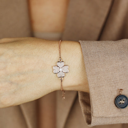 Rose Gold Diamond Pavé Clover Bracelet, Sterling Silver Flower Jewelry, BYSDMJEWELS