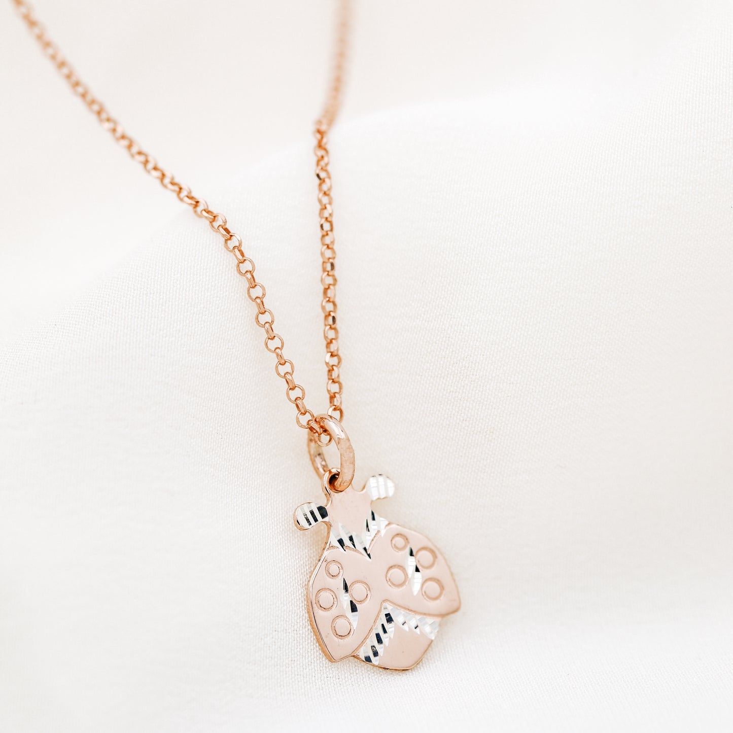 Dainty Ladybug Necklace: Diamond Cut Charm, Sterling Silver, Gold/Rose Gold