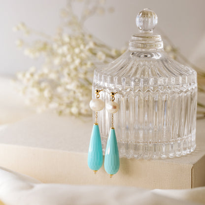 Pearl Earrings Drop Turquoise Earrings Long Pearl Earrings Light Blue Jewelry Dangle Pearl Earrings Mother's Day Gift