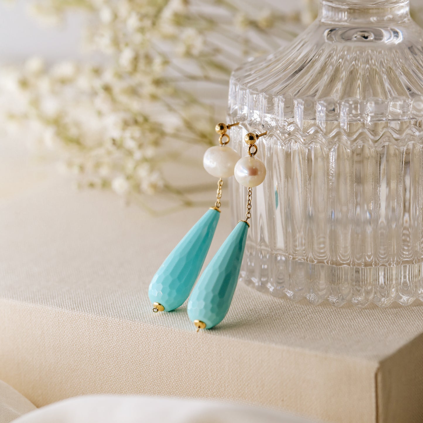 Pearl Earrings Drop Turquoise Earrings Long Pearl Earrings Light Blue Jewelry Dangle Pearl Earrings Mother's Day Gift