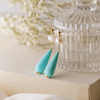 Pearl Earrings Drop Turquoise Earrings Long Pearl Earrings Light Blue Jewelry Dangle Pearl Earrings Mother's Day Gift