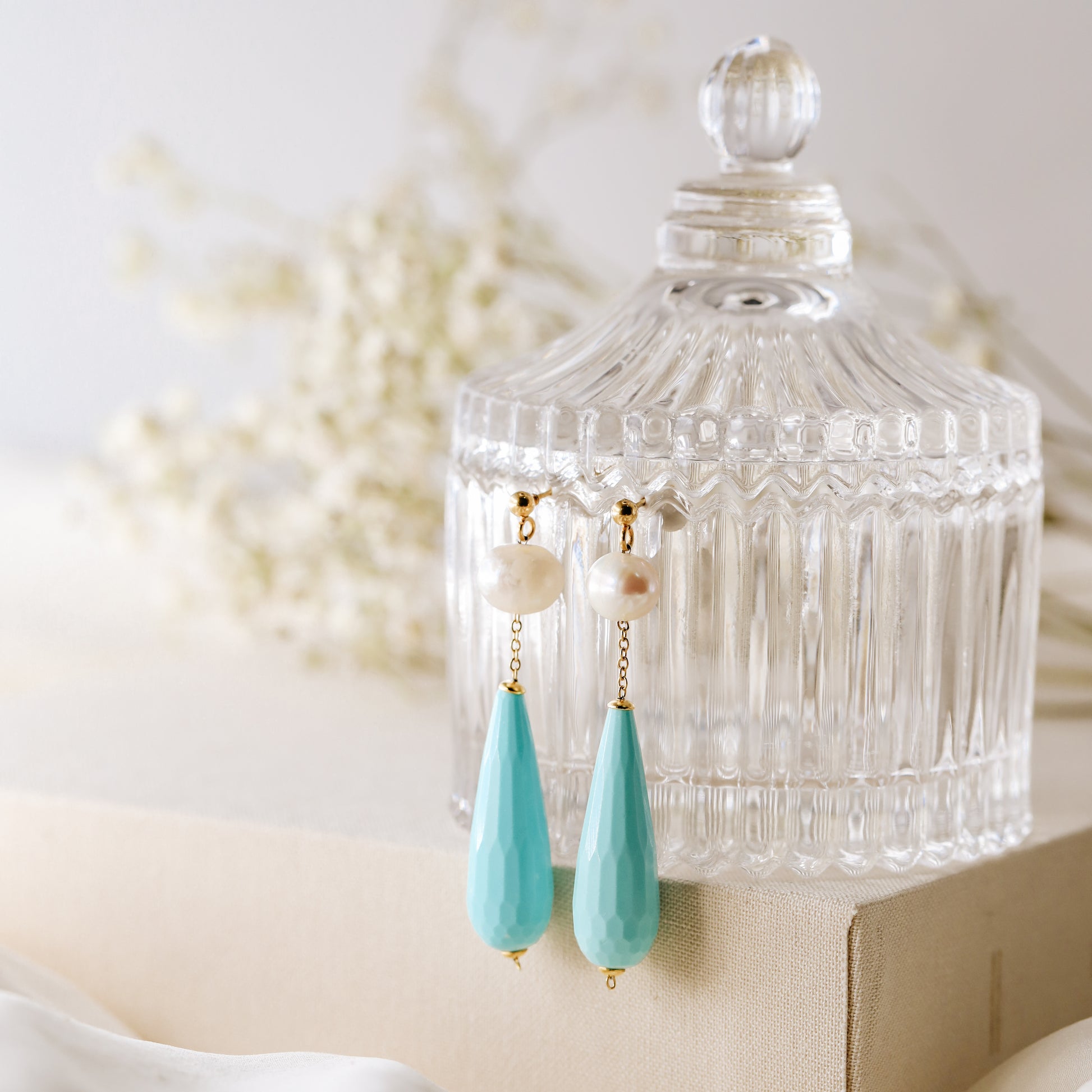 Pearl Earrings Drop Turquoise Earrings Long Pearl Earrings Light Blue Jewelry Dangle Pearl Earrings Mother's Day Gift