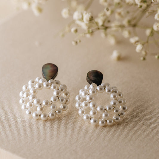 Mother of Pearl Beaded Pearl Hoop Earrings, White Pearl Earrings, Pearl Circle Hoop Earrings, Delicate Hoops, Stainless Steel Earrings
