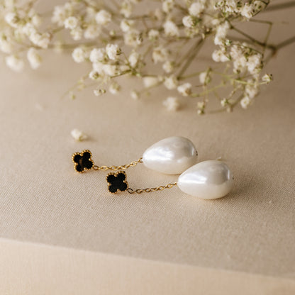 Pearl Drop Earrings, Stainless Steel Pearl Earrings, Pearl Chain Earrings, Black Four-Leaf Clover Earrings, Elegant Earrings

