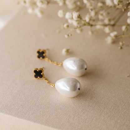 Pearl Drop Earrings, Stainless Steel Pearl Earrings, Pearl Chain Earrings, Black Four-Leaf Clover Earrings, Elegant Earrings
