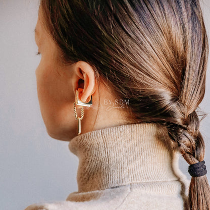 Square Large Band Ear Cuff • No Piercing is Needed • Gold, Silver