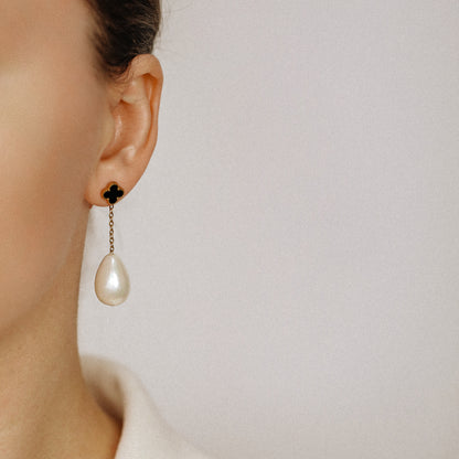 Pearl Drop Earrings, Stainless Steel Pearl Earrings, Pearl Chain Earrings, Black Four-Leaf Clover Earrings, Elegant Earrings
