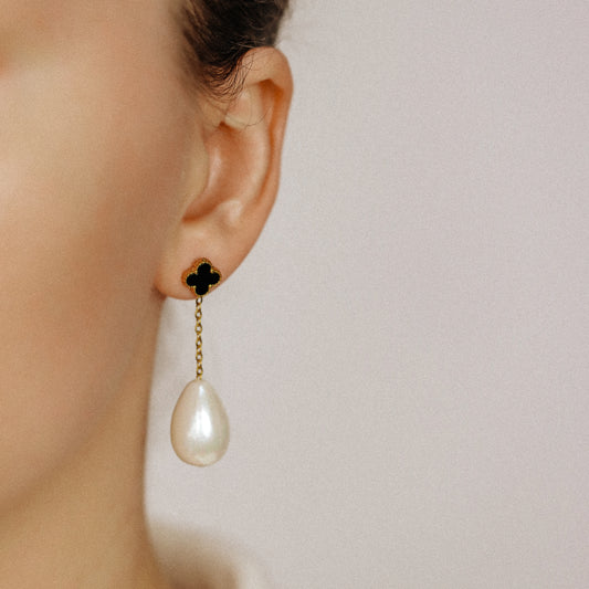 Pearl Drop Earrings, Stainless Steel Pearl Earrings, Pearl Chain Earrings, Black Four-Leaf Clover Earrings, Elegant Earrings