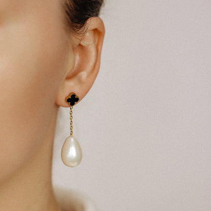 Pearl Drop Earrings, Stainless Steel Pearl Earrings, Pearl Chain Earrings, Black Four-Leaf Clover Earrings, Elegant Earrings
