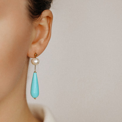 Pearl Earrings Drop Turquoise Earrings Long Pearl Earrings Light Blue Jewelry Dangle Pearl Earrings Mother's Day Gift