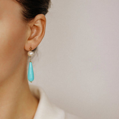 Pearl Earrings Drop Turquoise Earrings Long Pearl Earrings Light Blue Jewelry Dangle Pearl Earrings Mother's Day Gift