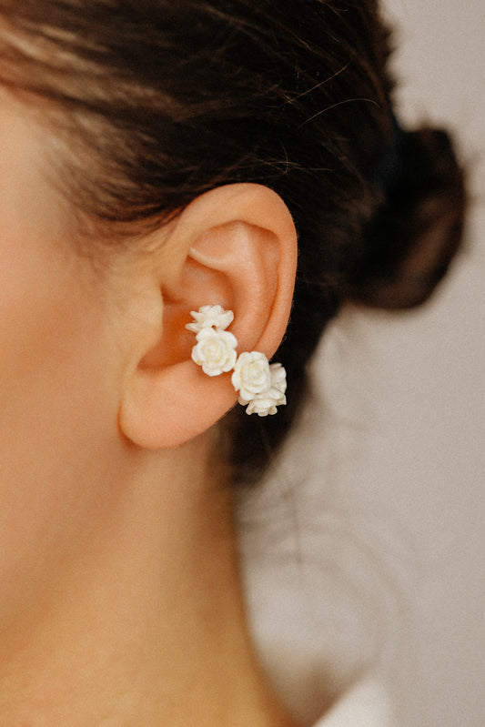 White Resin Rose Flower Ear Cuff in Sterling Silver, Gold or Rose Gold Filled, Simple Piercing Free Earrings, Turquoise Cuff, Pink Ear Cuff