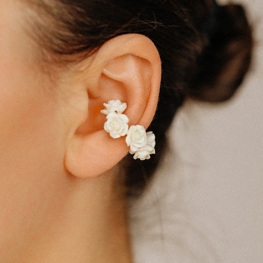 White Resin Rose Flower Ear Cuff in Sterling Silver, Gold or Rose Gold Filled, Simple Piercing Free Earrings, Turquoise Cuff, Pink Ear Cuff