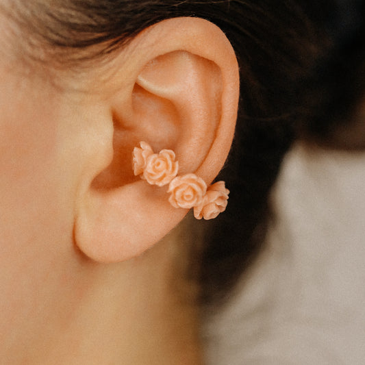 White Resin Rose Flower Ear Cuff in Sterling Silver, Gold or Rose Gold Filled, Simple Piercing Free Earrings, Turquoise Cuff, Pink Ear Cuff