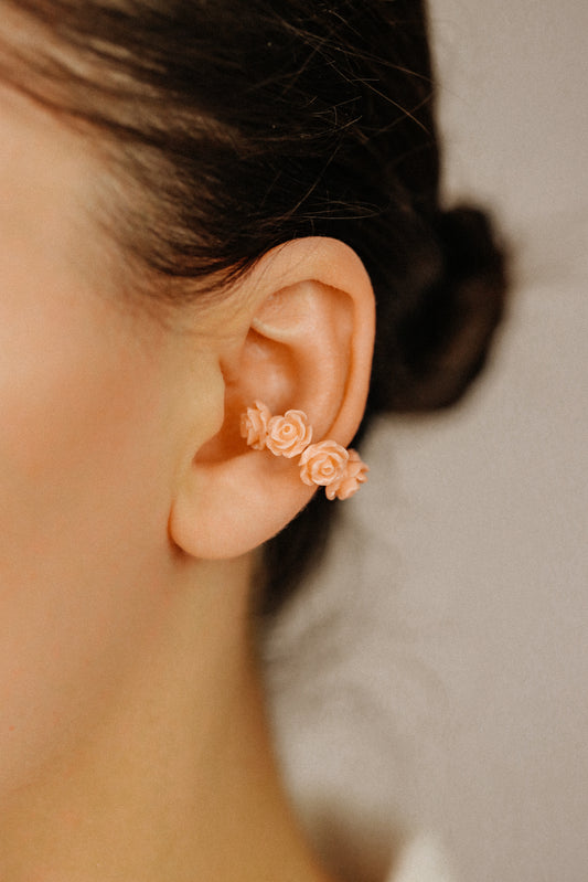 White Resin Rose Flower Ear Cuff in Sterling Silver, Gold or Rose Gold Filled, Simple Piercing Free Earrings, Turquoise Cuff, Pink Ear Cuff