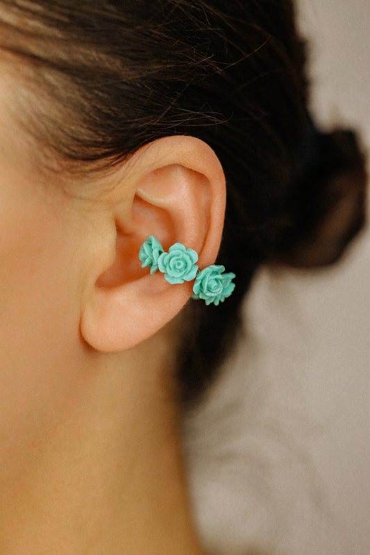 White Resin Rose Flower Ear Cuff in Sterling Silver, Gold or Rose Gold Filled, Simple Piercing Free Earrings, Turquoise Cuff, Pink Ear Cuff