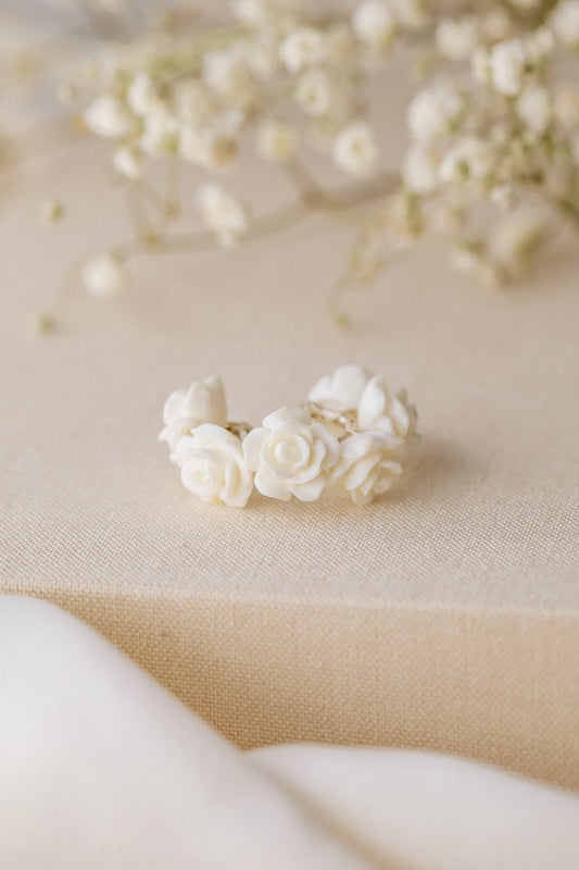 White Resin Rose Flower Ear Cuff in Sterling Silver, Gold or Rose Gold Filled, Simple Piercing Free Earrings, Turquoise Cuff, Pink Ear Cuff