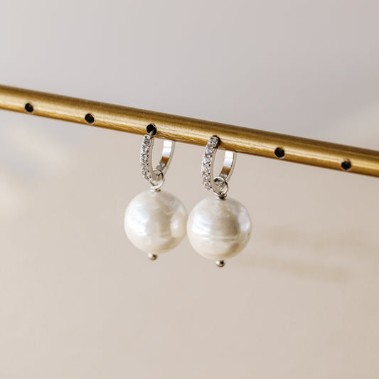 Pearl Earrings, Diamond Pearl Hoop Earrings, Pearl Dangle Earrings, Gold Huggie Earrings, Wedding Earrings, Bridal Earrings